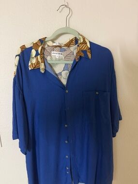 Pierre Cardin Blue Short-Sleeve Button-Down with Patterned Collar